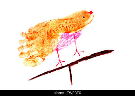 Child artwork, foot print bird on plain background. Stock Photo