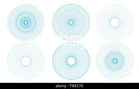 Set of Geometric Abstract Spirograph Patterns Isolated on White Background. Symmetrical shapes suitable as a watermark. Round and spiral twisted circu Stock Vector