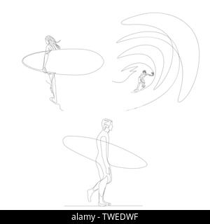 Continuous one line surfer set. Summer Olympic Games. Vector Stock Vector