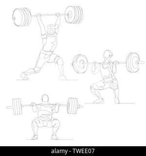 Continuous one line weightlifter set. Summer Olympic Games. Vector Stock Vector