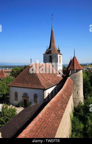 City wall of Murten in the canton of Fribourg, Switzerland, Europe Stock Photo