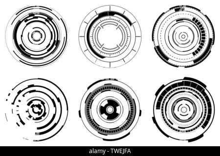 Set of futuristic radial graphic elements. Black and white HUD. Circle Head-up display for web and app. Futuristic user interface. Template UI for web Stock Vector