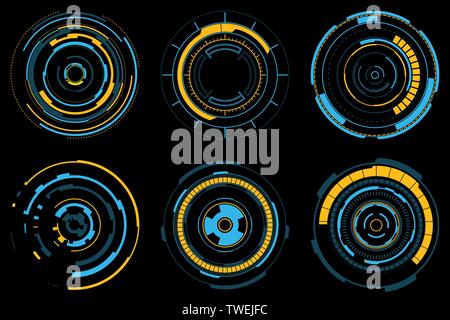 Set of futuristic radial graphic elements. Neon blue and yellow HUD. Circle Head-up display for web and app. Futuristic user interface. Template UI fo Stock Vector