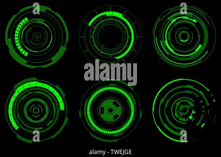 Set of futuristic radial graphic elements. Neon Green HUD. Circle Head-up display for web and app. Futuristic user interface. Template UI for web, app Stock Vector