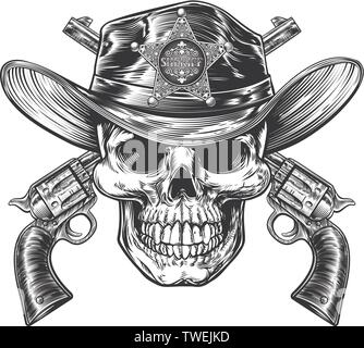 Skull in Cowboy Sheriff Hat with Pistols Stock Vector