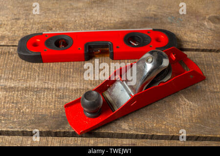 Carpenter tools on a workbench Stock Photo