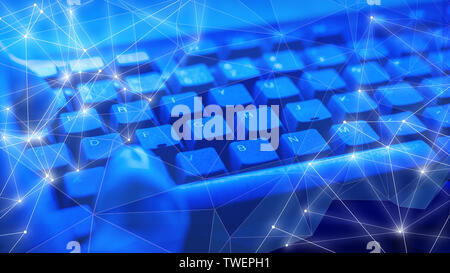 Cybersecurity threat, bank cyberattack, dark blue mood Stock Photo