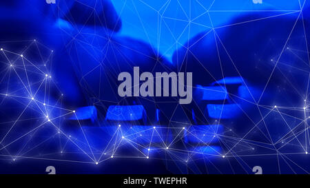 Bank cyber espionage, digital cyber attack, connected dots with lines Stock Photo