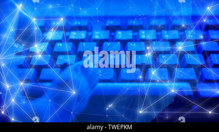 Computer spy man cybercrime, cyber hacker typing on keyboard, circle dots and lines connected Stock Photo