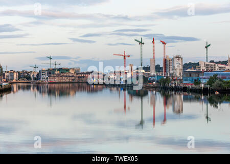 Cork City, Cork, Ireland. 20th June, 2019. Cranes dominate the skyline of the city with new developments at the former Beamish & Crawford brewery and Stock Photo