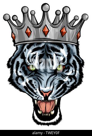 Portrait of a tiger with a golden crown on his head, grinning in fury vector Stock Vector