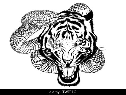 snake and tiger fighting, tattoo vector illustration Stock Vector