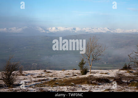 The snow covered Old Man of Coniston and Coniston Fells on a cold winter day viewed from Scout Scar near Kendal Lake District Cumbria England Stock Photo