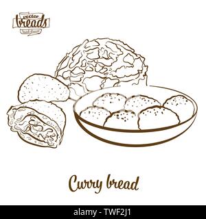 Curry bread bread vector drawing. Food sketch of Bun, usually known in Japan. Bakery illustration series. Stock Vector