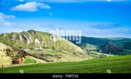 A view toward Chrome Hill which is a limestone reef knoll on the Derbyshire side of the upper Dove valley. Stock Photo