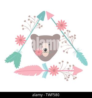 bear grizzly with feathers hat bohemian style vector illustration design Stock Vector