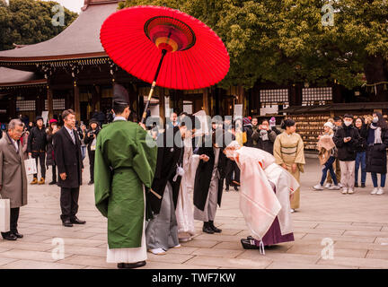 Onlookers watching traditional wedding at Meiji Jingu Shrine in Shibuya Tokyo in Japan. Stock Photo