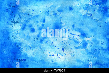 Creative abstract watercolor background with colorful paint stains and drops in white and blue colors. Hand drawn traditional illustration. Stock Photo