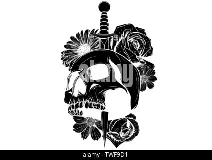 tattoo skull with roses and knife vector illustration Stock Vector ...