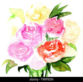Hand drawn watercolor illustration of roses. Bouquet of pink and red flowers isolated on white background. Watercolor abstract roses. Stock Photo
