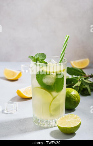 Cold lemonade with sliced lemon, lime and mint in a glass. Refreshing drink for summer. Shot with hard natural light. Copy space. Stock Photo