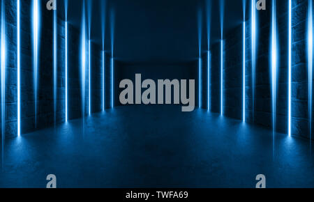 Futuristic Sci-Fi Modern Room With Stripes Shaped Blue Glowing Neon Lines. Stock Photo