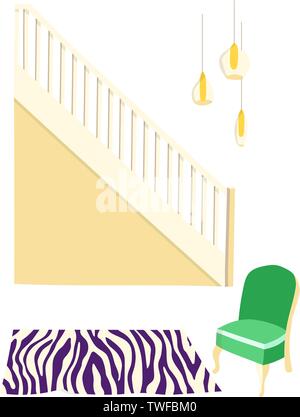 Room interior vector illustration of retro corridor or hallway entrance with furniture. Cartoon flat background of apartment stairs, coat and hat on h Stock Vector