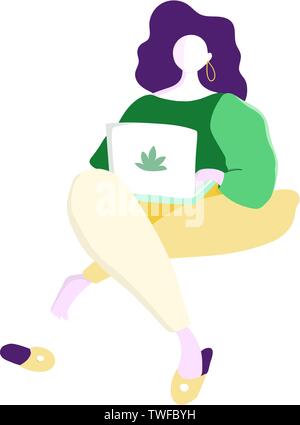 Lazy people sitting on the floor and working with laptop in social networks. Flat illustration top view of woman and man relaxing at home, drinking co Stock Vector