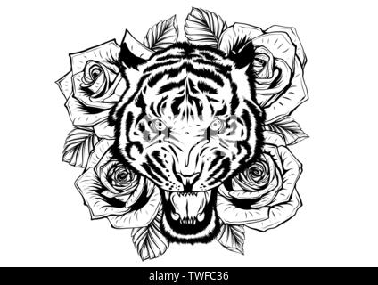 vector illustration of roaring tiger head and roses tattoo Stock Vector