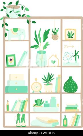 Bookshelf template, colorful hardcovers, hanging wooden shelf with houseplants and vases on white, home library, decoration elements, literature vecto Stock Vector