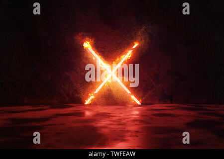 3d rendering of red lighten X alphabet shape in fire against grunge wall background Stock Photo