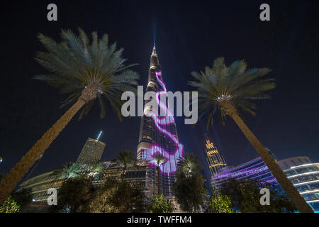 Palm trees frame the illuminated Burj Khalifa in Dubai.