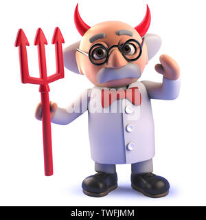 3d rendered image of a funny cartoon 3d mad scientist wearing devil horns and holding satans trident Stock Photo