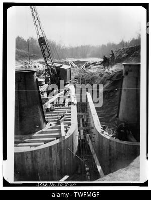 POWER PLANT FOUNDATION - Abbeville Hydroelectric Power Plant, State Highway 284 and County Road 72, Rocky River (historical), Abbeville County, SC; Abbeville Water and Electric Plant Company; Pennell, James Roy; White, W H; Abbeville Power Company Incorporated; D.M. Rickenbacker Construction Company; Townsend, C P; Wideman and Singleton; Britton, John B; S. Morgan Smith Company; Woodward Governor Company; Bethlehem Steel Company; Westinghouse Corporation; Bush Sulzer Brothers Company; Mark Brothers; Cary, Brian, transmitter Stock Photo