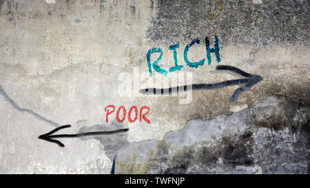Wall Graffiti the Direction Way to Rich versus Poor Stock Photo