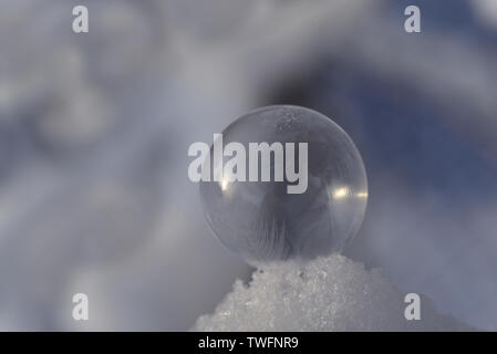 frozen soap bubble in the snow in winter Stock Photo