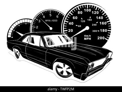 Retro muscle car vector illustration. Vintage poster of reto car. Old mobile isolated on white. Stock Vector