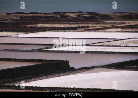 Lanzarote - Salinas de Janubio: Panoramic view over artificial pools for salt extraction from atlantic ocean Stock Photo