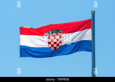 Croatian Flag flying in the sky, Croatia Stock Photo