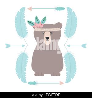bear grizzly with feathers hat and arrows frame vector illustration design Stock Vector
