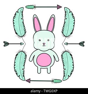 cute little rabbit with feathers and arrows frame vector illustration design Stock Vector