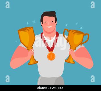 Champion with winner cup and medal. Championship, sport concept. Cartoon vector illustration Stock Vector
