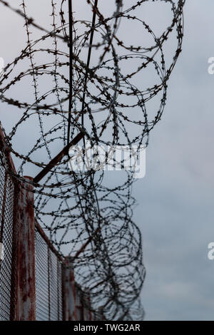 barbed wire on the fence in cloudy weather Stock Photo
