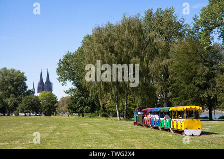miniature railway in the Rhine park in the district Deutz, view to the cathedral, Cologne, Germany.  Kleinbahn im Rheinpark in Deutz, Blick zum Dom, K Stock Photo