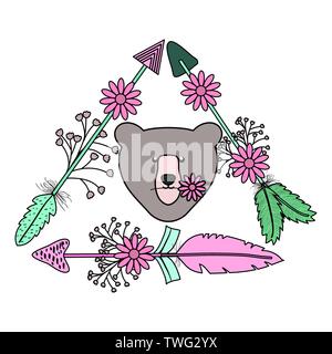 bear grizzly with feathers hat bohemian style vector illustration design Stock Vector