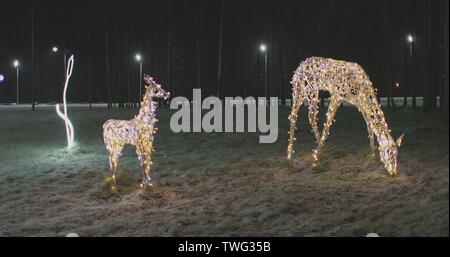 Christmas illumination of the deer family in the evening Stock Photo