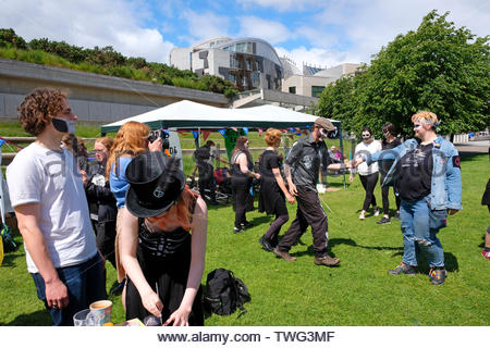 Edinburgh, United Kingdom. 20th June, 2019. Holyrood Rebel Camp, Hosted by Extinction Rebellion Scotland in the grounds of Holyrood Park outside the Scottish parliament from Sunday 16th to Thursday 20th June, this is to highlight the carbon reduction cause and to keep the pressure on politicians, who will debate the Climate Bill on the 18th and 25th June.  Credit: Craig Brown Stock Photo