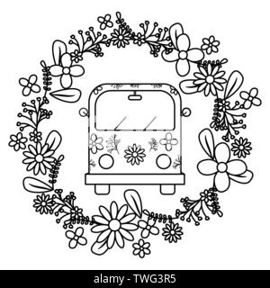 hippie van with floral print and flowers crown vector illustration design Stock Vector