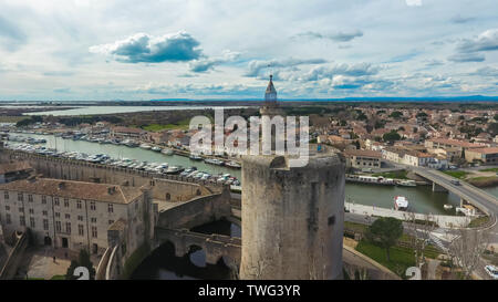Panorama of the ancient medieval city of Aigues-Mortes. Aerial view of the Constance Tower. France. Stock Photo