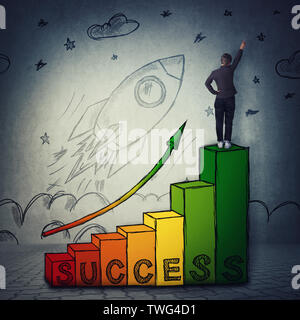 Young woman celebrate raising hand on the top of a chart graph as stairs with arrow going up. Stairway to success, professional startup growth and ach Stock Photo